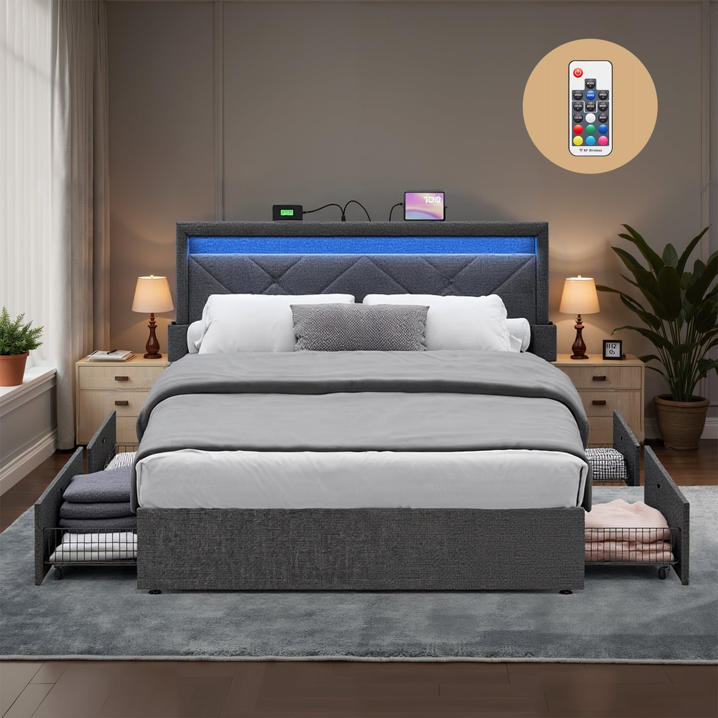 Queen Size LED Platform Bed Frame, Adjustable 36.7/39.3 Inch Upholstered Headboard with 4 Drawers, 2 Charging Ports & Storage Bags, Dark Gray