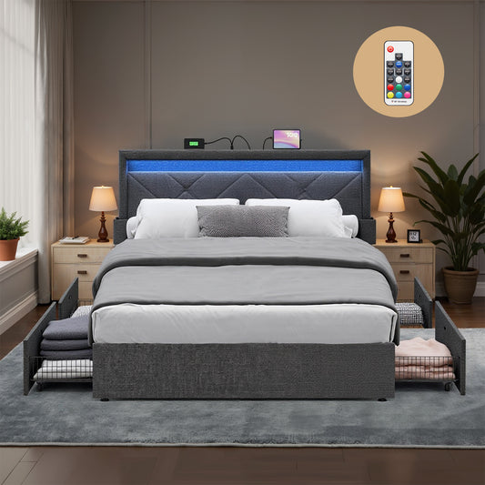 Queen Size LED Platform Bed Frame, Adjustable 36.7/39.3 Inch Upholstered Headboard with 4 Drawers, 2 Charging Ports & Storage Bags, Dark Gray