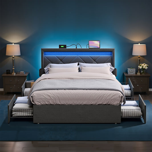 Full Size LED Platform Bed Frame, Adjustable 37.1/39.6 Inch Upholstered Headboard with 4 Drawers, 2 Charging Ports & Storage Bags, Dark Gray