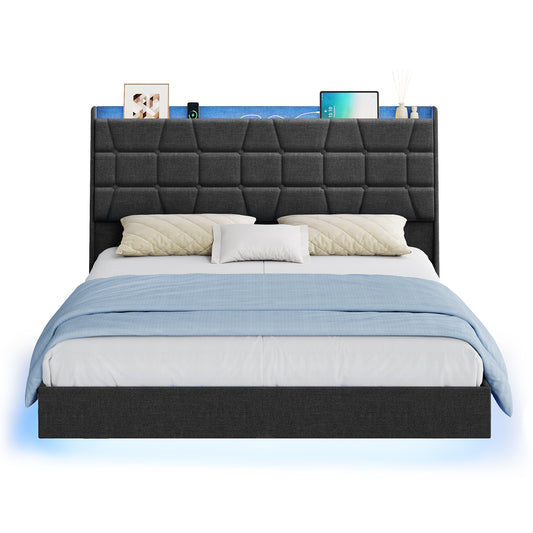 Full Size Floating Platform Bed Frame with LED Lights & Charging Station, Upholstered Bed with Tufted Storage Headboard, No Box Spring Needed, Dark Gray