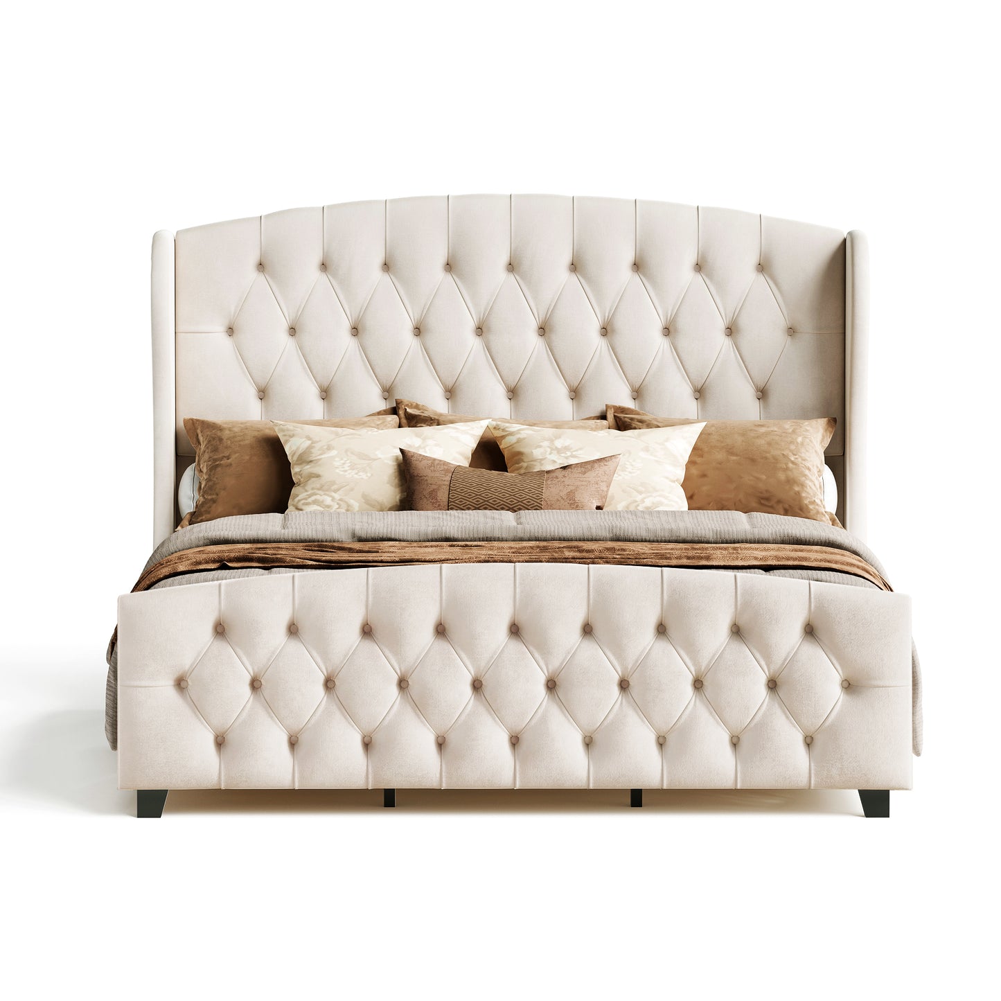 King Size Upholstered Platform Bed Frame, 50-Inch Tall Wingback Tufted Headboard & 25-Inch Footboard, 1000 lb Capacity, Cappuccino Beige