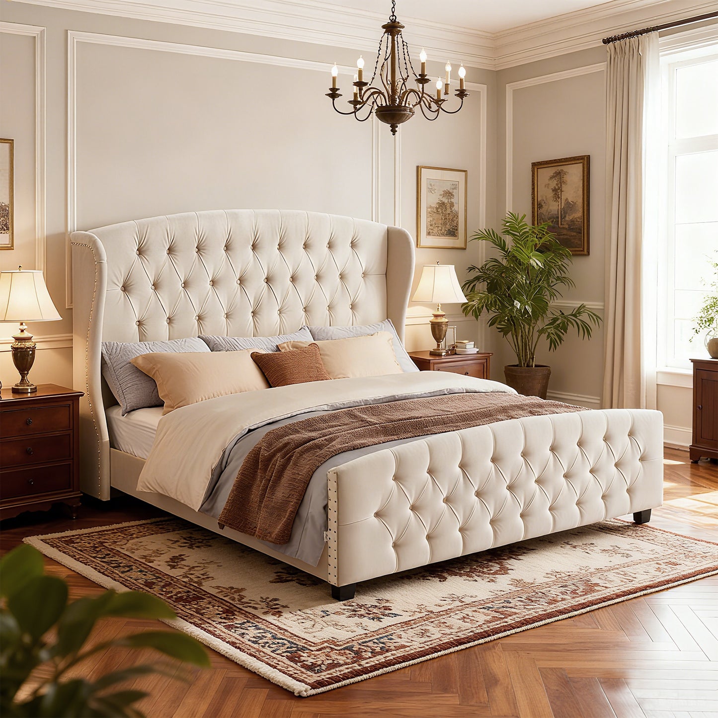 King Size Upholstered Platform Bed Frame, 50-Inch Tall Wingback Tufted Headboard & 25-Inch Footboard, 1000 lb Capacity, Cappuccino Beige