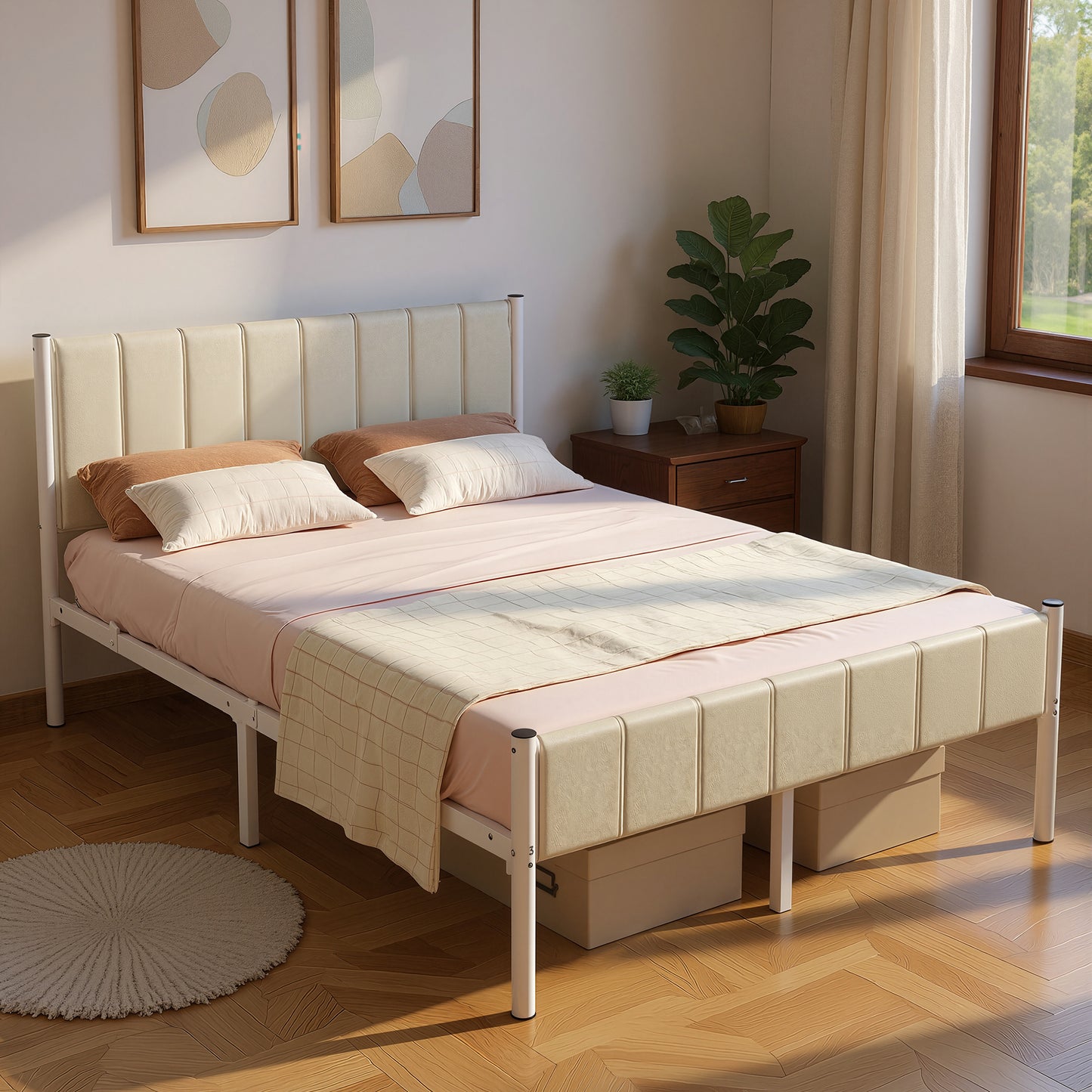 Queen Size Metal Bed Frame with Upholstered Headboard and Footboard, 12.2-Inch Underbed Clearance, 1100 lb Capacity, Easy Assembly, Cappuccino Beige