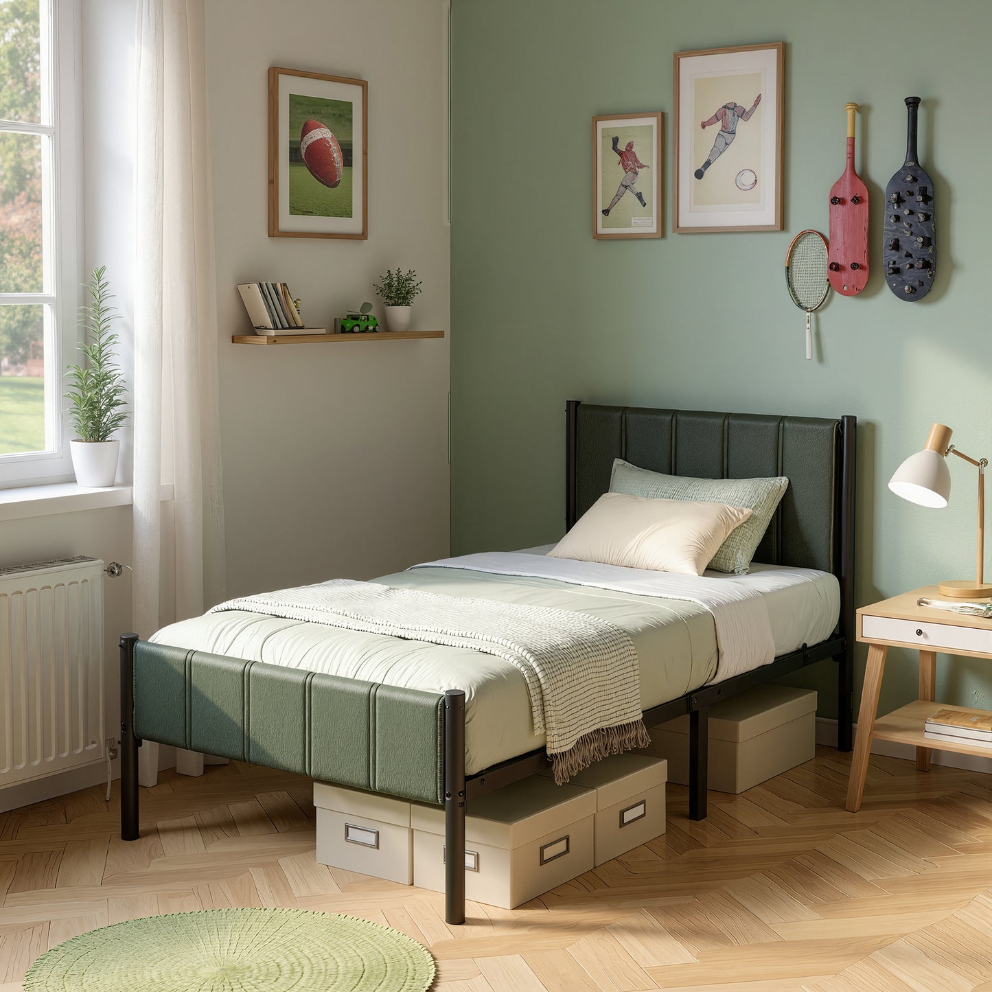 Twin Size Metal Bed Frame with Upholstered Headboard and Footboard, 12.4-Inch Underbed Clearance, 550 lb Capacity, Easy Assembly, Forest Green