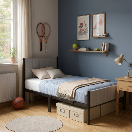 Twin Size Metal Bed Frame with Upholstered Headboard and Footboard, 12.4-Inch Underbed Clearance, 550 lb Capacity, Easy Assembly, Dove Gray