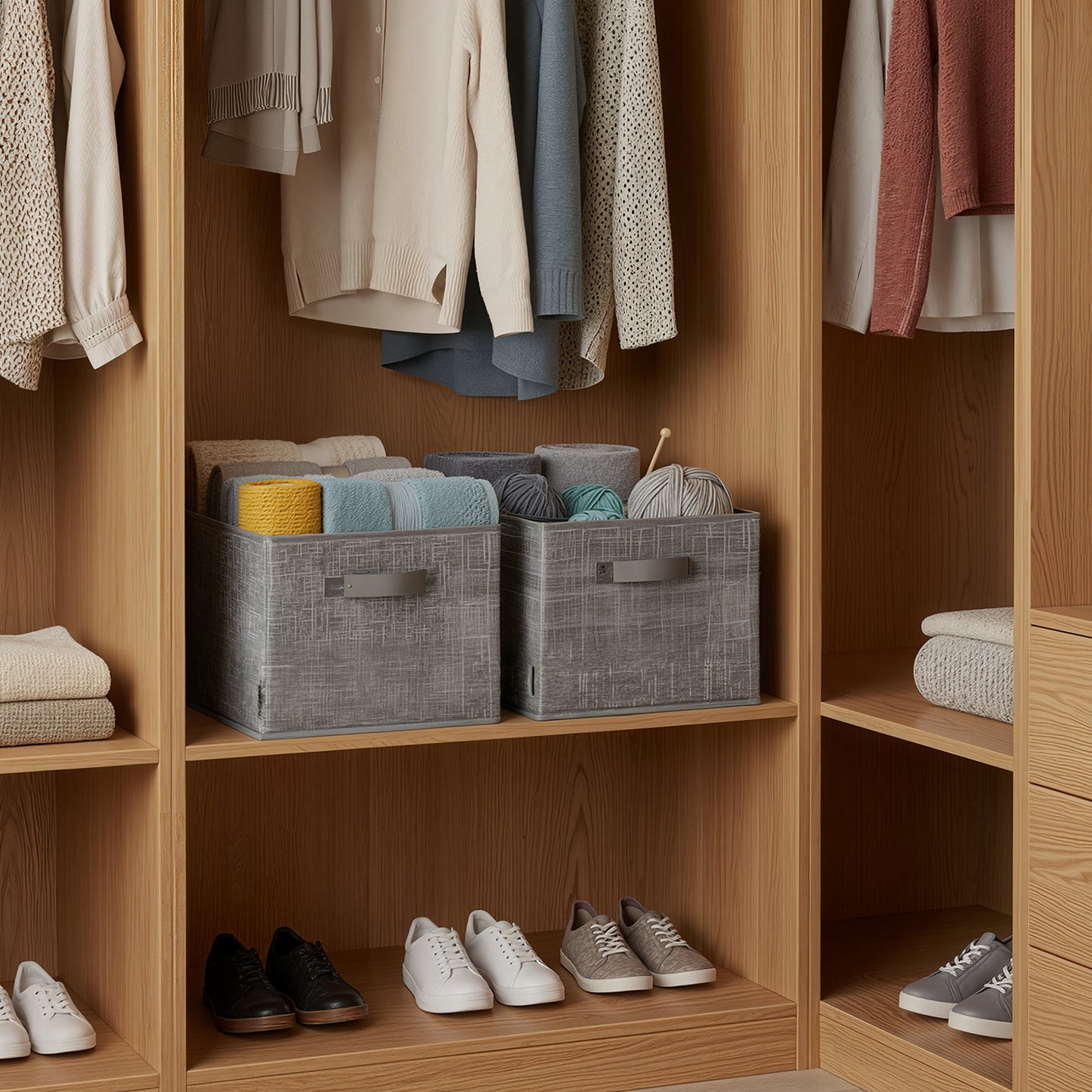 Set of 3 Foldable Fabric Storage Cubes, 15.7 x 11.8 Inch Closet Organizer Bins with Handles for Shelves, Cattail Gray