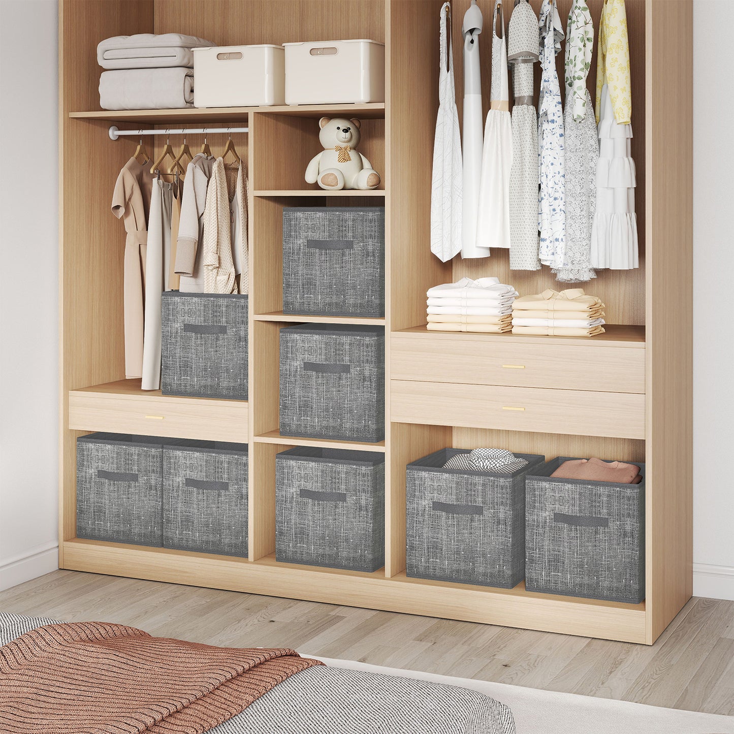 Set of 8 Foldable Fabric Storage Cubes, 13" Closet Organizer Bins with Handles for Shelves, Cattail Gray