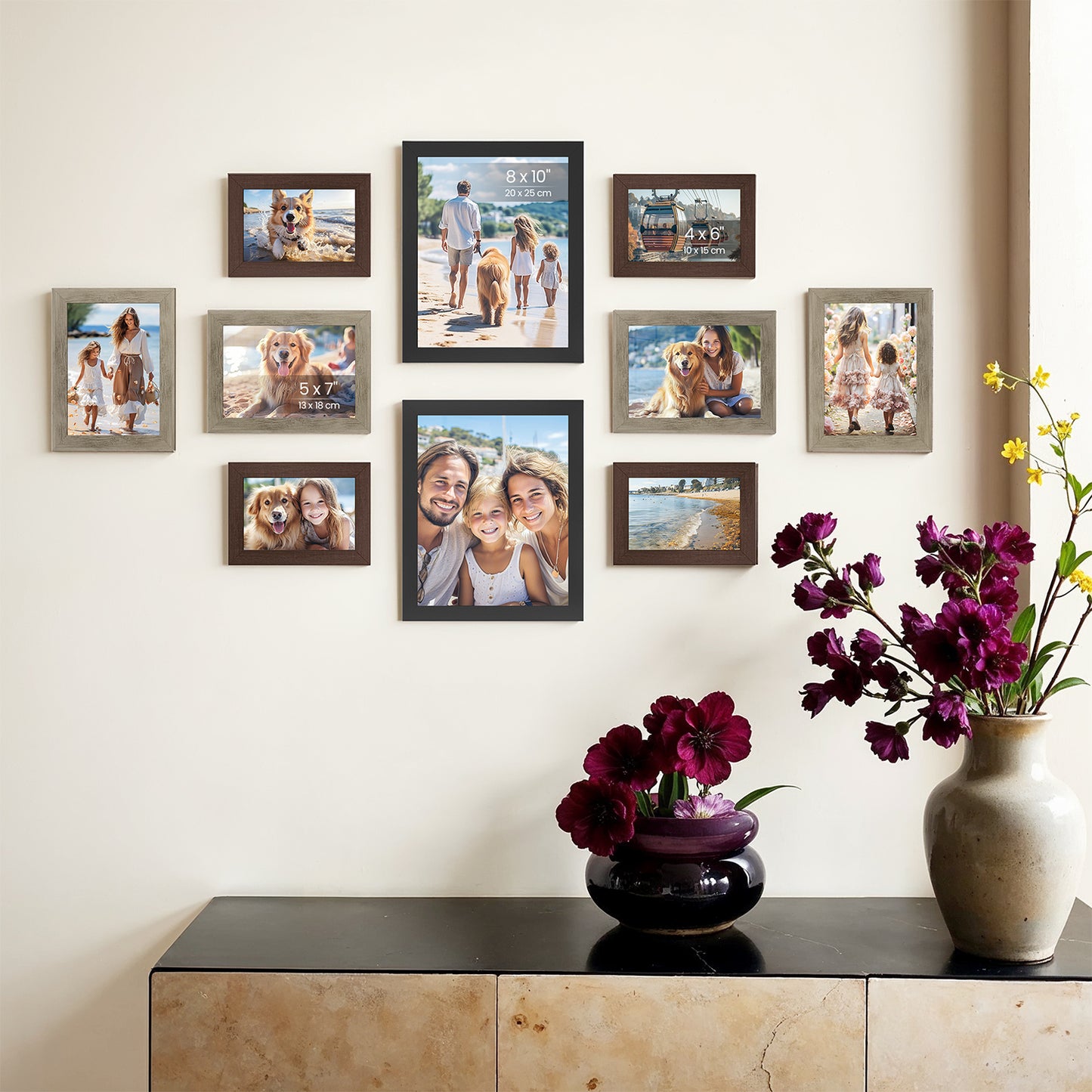 Picture Frames Set of 10, Collage Photo Frame Set with Two 8x10, Four 5x7 & Four 4x6, Wall Gallery Decor or Table Display, Glass, Maroon Brown, Heather Greige and Ash Black