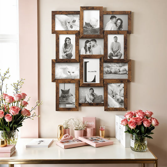 12-Pack 4x6 Wall Collage Frames - Multi-Photo Gallery Display with Glass Front, Easy Assembly Home Decor, Rustic Brown