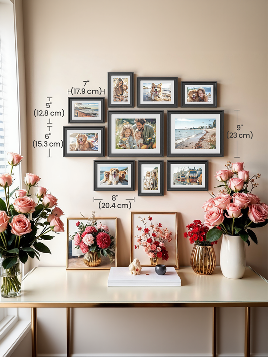 10-Piece Collage Photo Frame Set with 16 Mats, Includes 8x10, 5x7, 4x6 Sizes for Wall or Tabletop Display, 12 Non-Trace Nails, Black