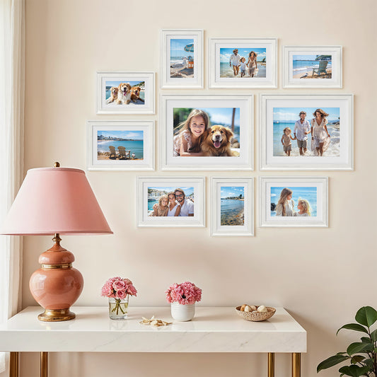 10-Piece Collage Photo Frame Set with 16 Mats, Includes 8x10 5x7 4x6 Sizes for Wall or Tabletop Display, 12 Non-Trace Nails, White