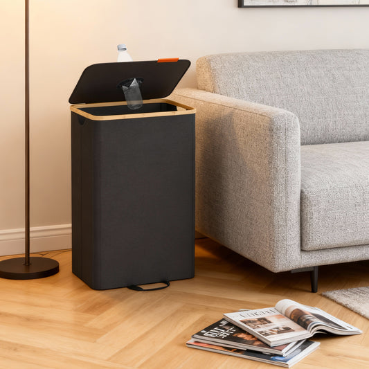 26.4 Gallon Recycling Bin for Kitchen, Bottle Recycling Container with Inner Bag and Collection Hole, Ink Black and Natural Beige