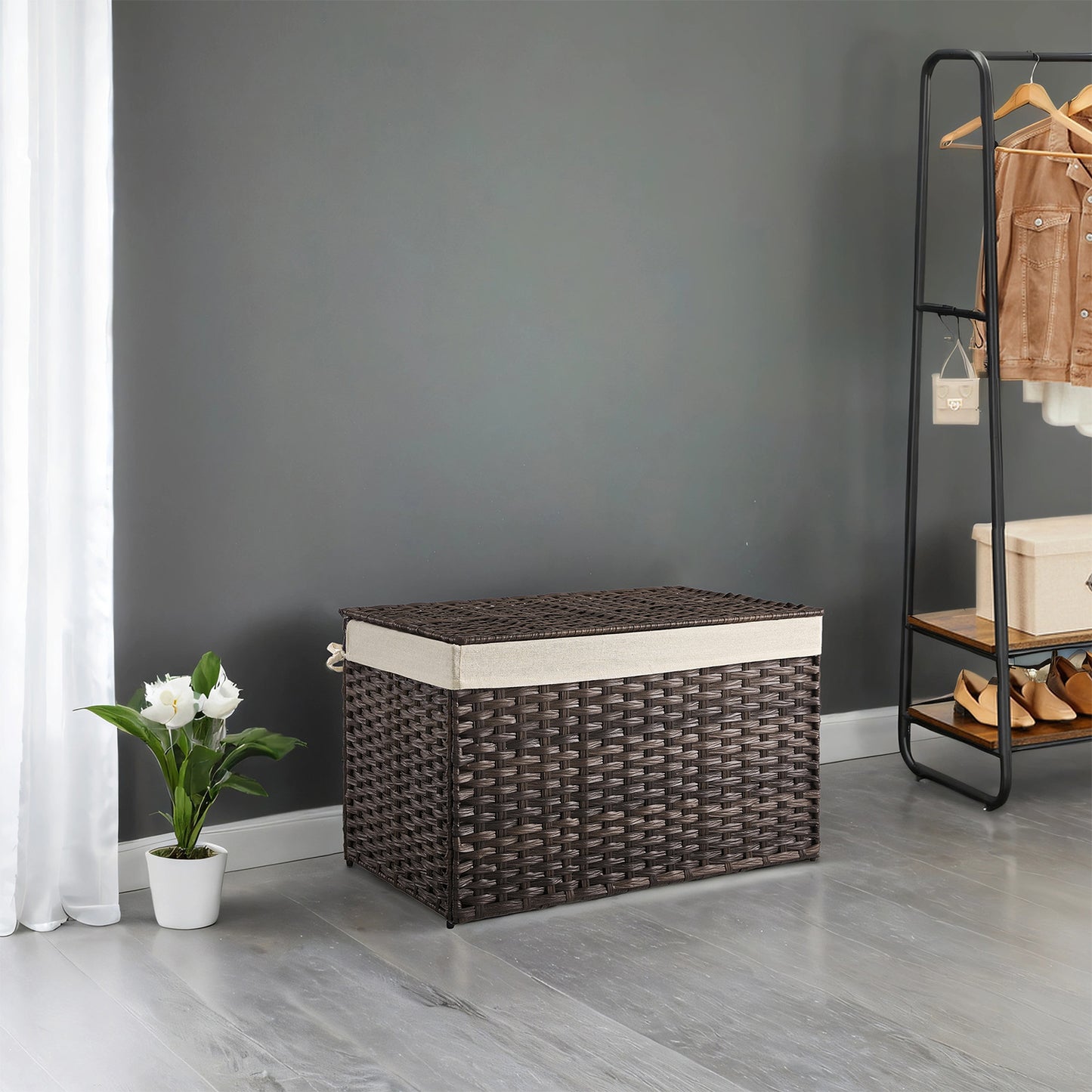 Woven Storage Basket with Lid, 42.3 Gallon (160L) Foldable Laundry Bin, Removable Liner & Metal Frame, Handles for Easy Carry, Waterproof & Ventilated, Ideal for Bedroom, Closet, or Living Room, Brown