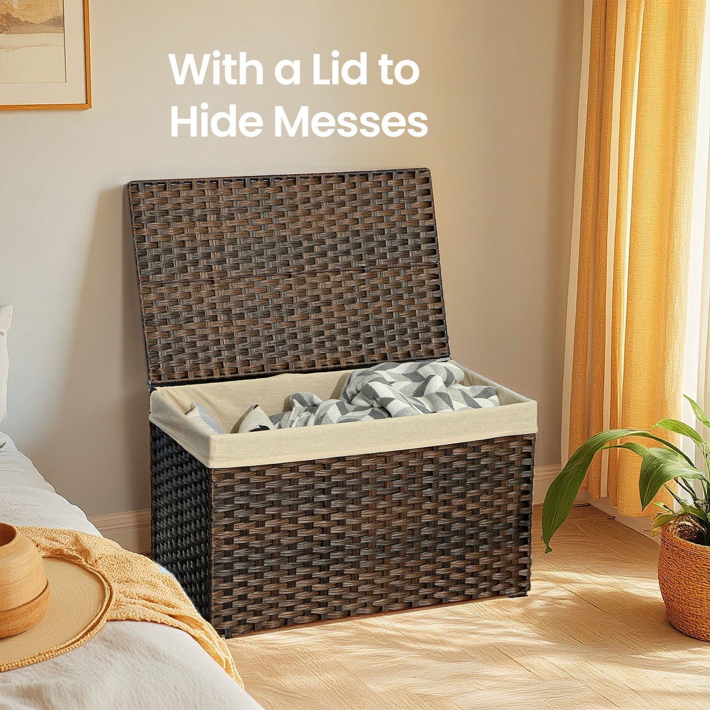Woven Storage Basket with Lid, 42.3 Gallon (160L) Foldable Laundry Bin, Removable Liner & Metal Frame, Handles for Easy Carry, Waterproof & Ventilated, Ideal for Bedroom, Closet, or Living Room, Brown