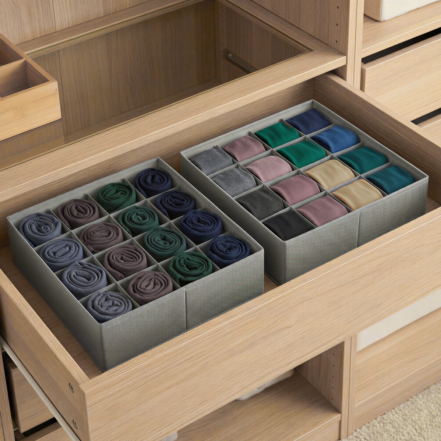 4 Pack Drawer Organizers with 80 Cells, Foldable Dividers for Socks, Underwear, Ties and Belts, 11.8 x 11.8 Inch, Dove Gray