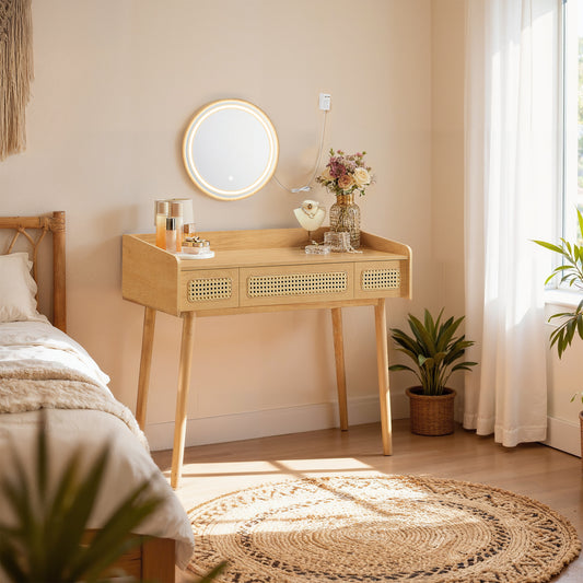 Vanity Desk with Touch Control LED Mirror, Boho Makeup Table with 3 Rattan-Look Drawers, Dimmable 3-Color Lighting for Bedroom, Oak Beige