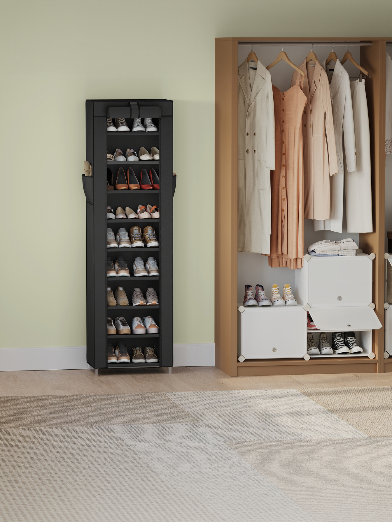 10-Tier Shoe Storage Cabinet with Dustproof Cover, Free-Standing Organizer for 20 Pairs of Shoes, for Closet and Entryway, Black