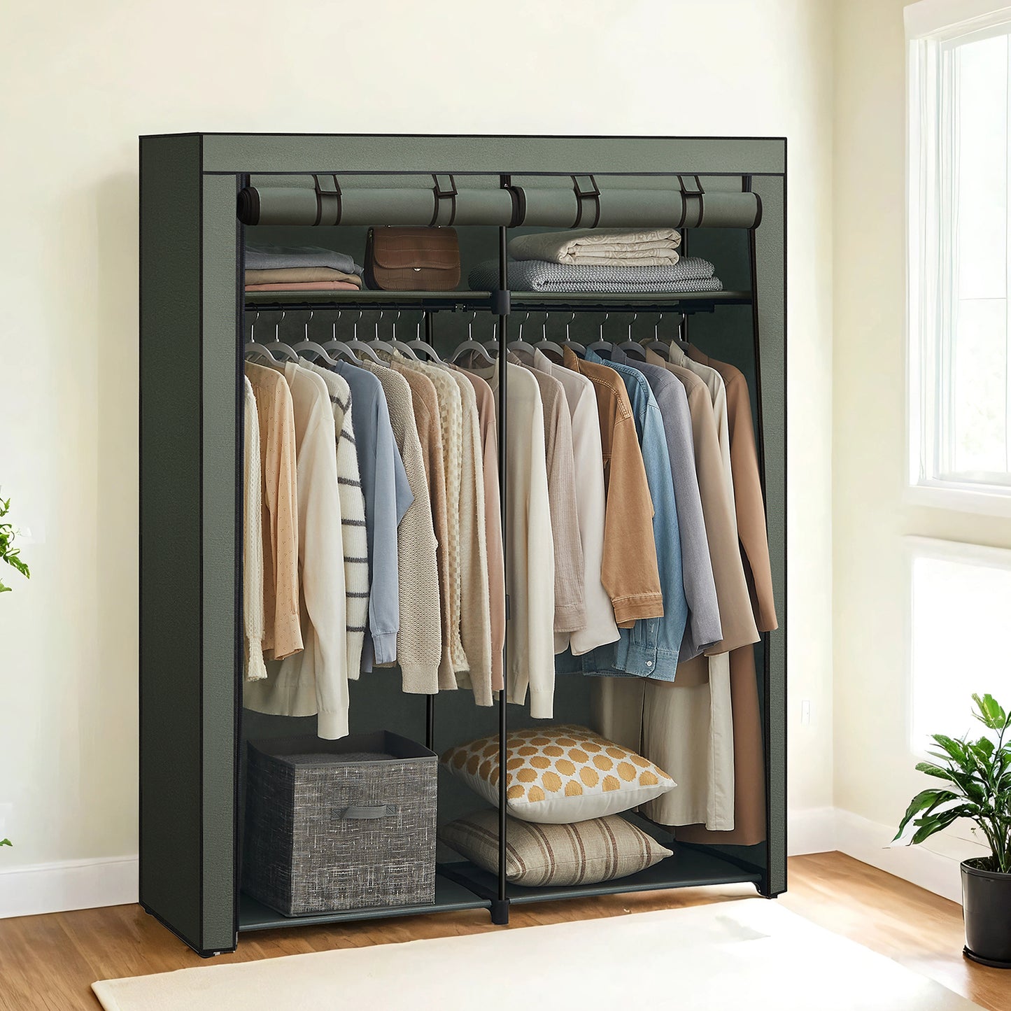 Portable Closet Wardrobe with Cover, 2 Rods & 2 Shelves Freestanding Fabric Clothing Organizer for Bedroom, No-Tool Assembly, Black