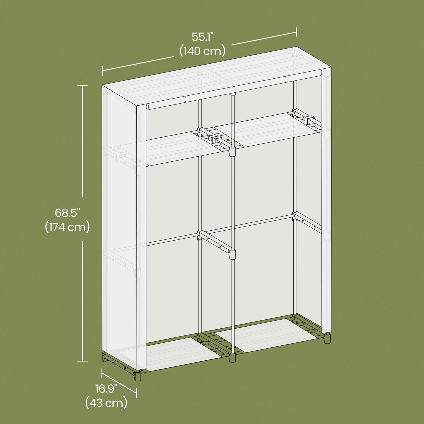 Portable Closet Wardrobe with Cover, 2 Rods & 2 Shelves Freestanding Fabric Clothing Organizer for Bedroom, No-Tool Assembly, Black