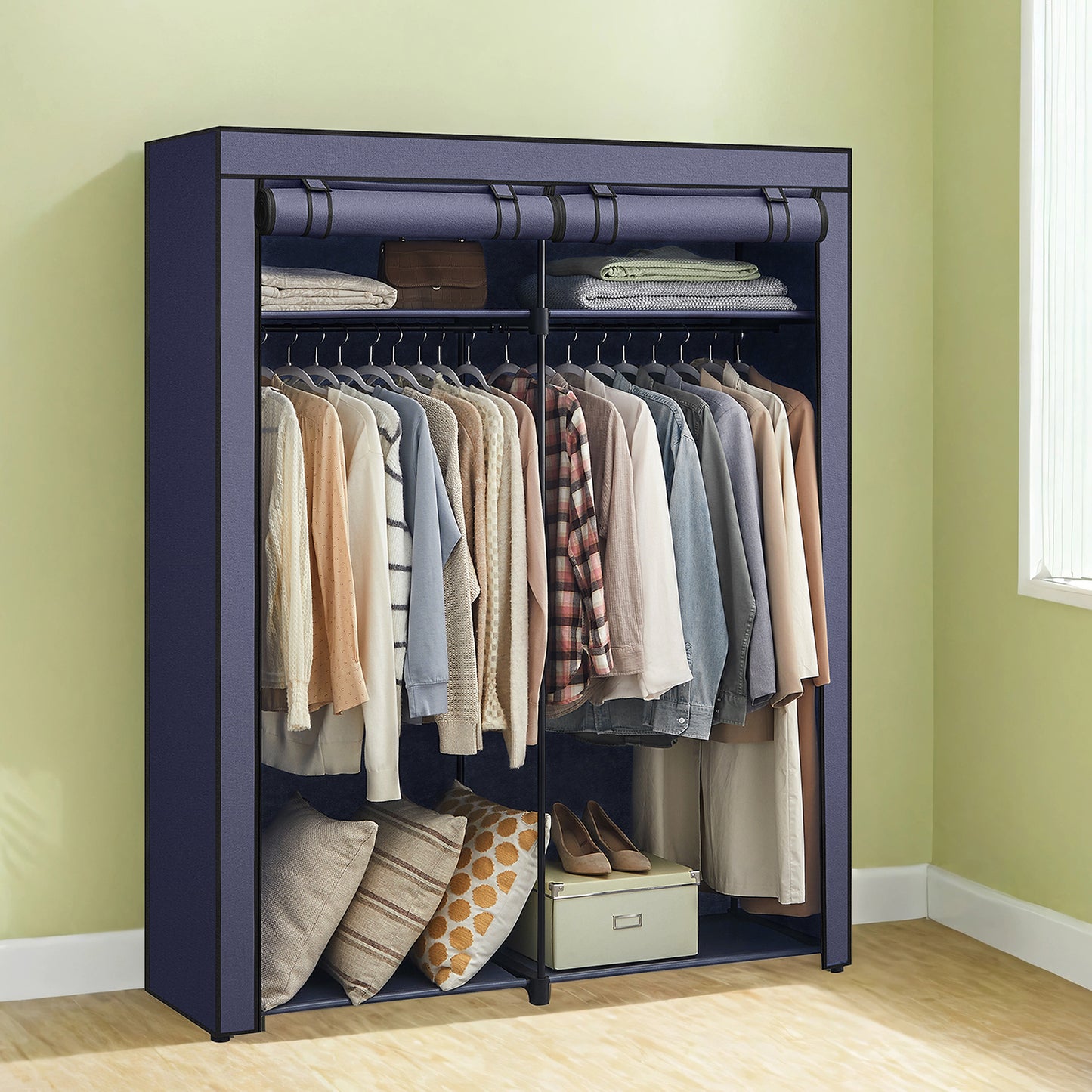 Portable Closet Wardrobe with Cover, 2 Rods & 2 Shelves Freestanding Fabric Clothing Organizer for Bedroom, No-Tool Assembly, Black,Dark Blue