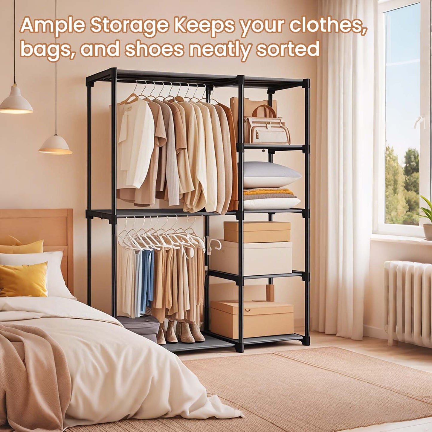 Freestanding Closet Organizer with Shelves, 2 Hanging Rods & 4 Shelves, Portable Wardrobe Rack for Bedroom, Cloakroom, Gray