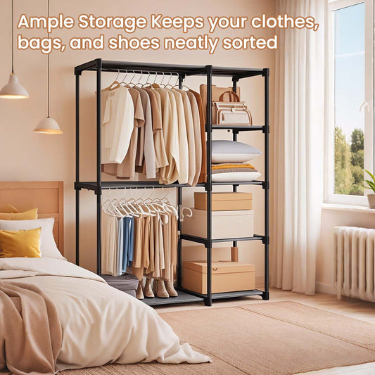 Freestanding Closet Organizer with Shelves, 2 Hanging Rods & 4 Shelves, Portable Wardrobe Rack for Bedroom, Cloakroom, Gray