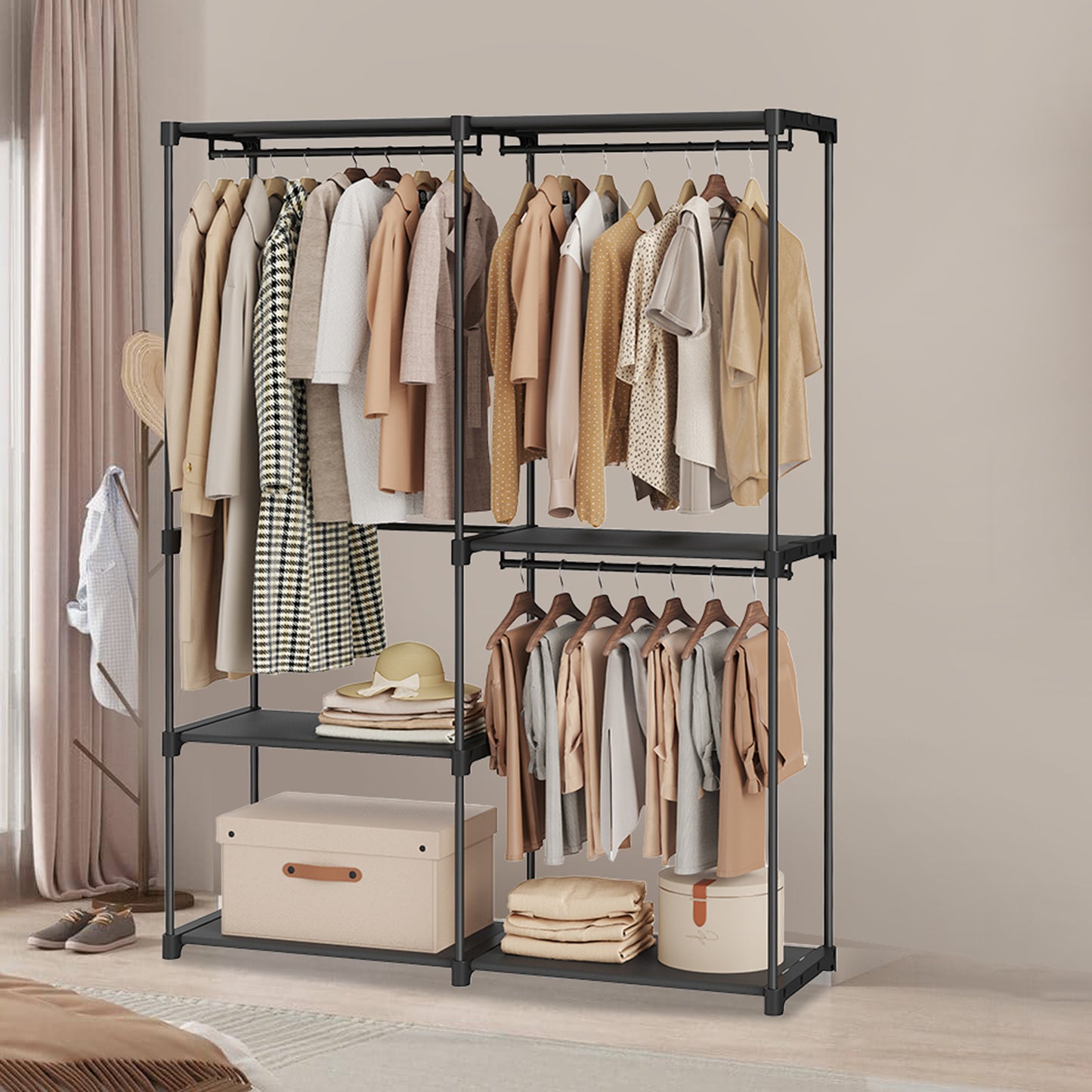 Freestanding Closet Organizer with 3 Hanging Rods & Shelves, Portable Wardrobe Rack for Bedroom Cloakroom Entryway, Tool-Free Assembly, Black