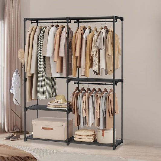 Freestanding Closet Organizer with 3 Hanging Rods & Shelves, Portable Wardrobe Rack for Bedroom Cloakroom Entryway, Tool-Free Assembly, Black