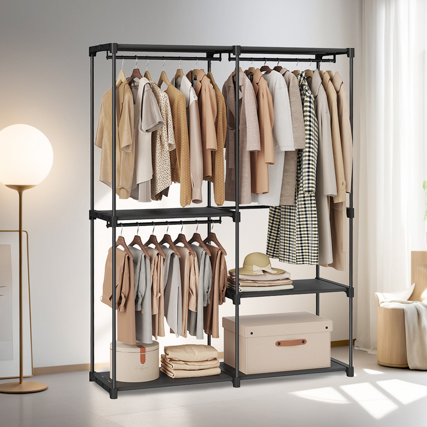 Freestanding Closet Organizer with 3 Hanging Rods & Shelves, Portable Wardrobe Rack for Bedroom Cloakroom Entryway, Tool-Free Assembly, Black