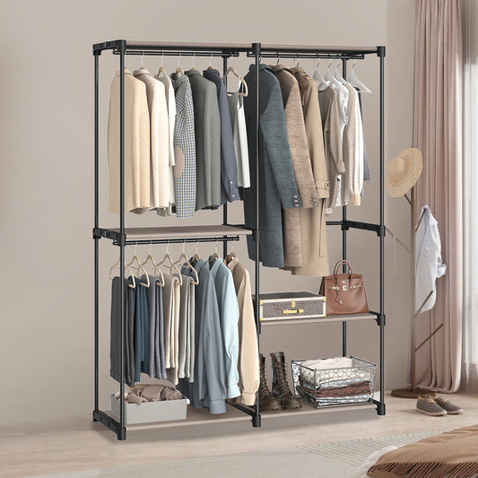 Freestanding Closet Organizer with 3 Hanging Rods & Shelves, Portable Wardrobe Rack for Bedroom Cloakroom Entryway, Tool-Free Assembly,Taupe