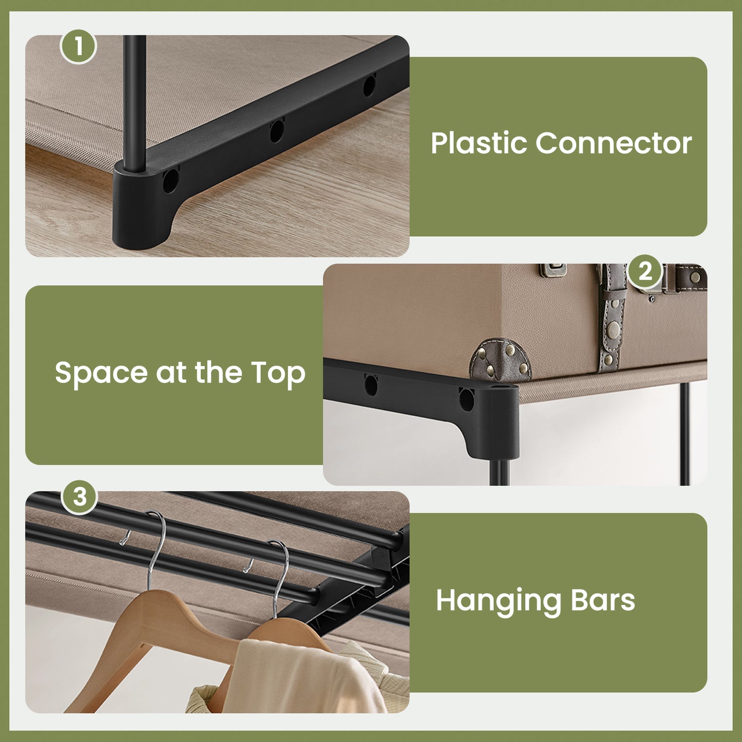 Freestanding Closet Organizer with 3 Hanging Rods & Shelves, Portable Wardrobe Rack for Bedroom Cloakroom Entryway, Tool-Free Assembly,Taupe
