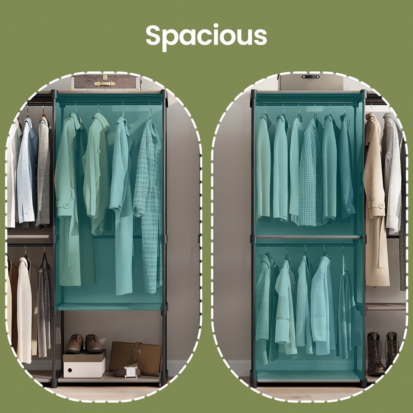 Freestanding Closet Organizer with 3 Hanging Rods & Shelves, Portable Wardrobe Rack for Bedroom Cloakroom Entryway, Tool-Free Assembly,Taupe