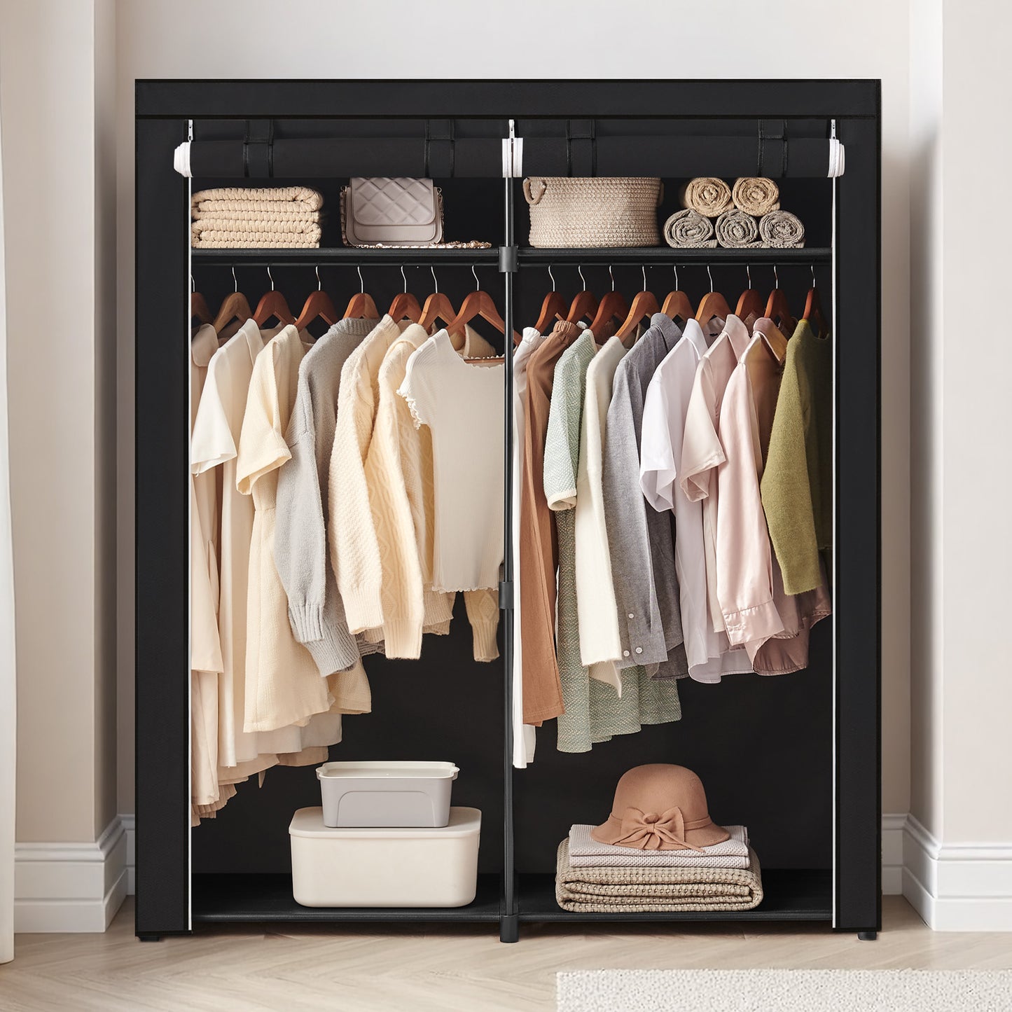 Portable Wardrobe Closet with 2 Hanging Rods & Shelves, Non-Woven Fabric Cover, Freestanding Clothing Storage Organizer for Bedroom, Tool-Free Assembly, Black