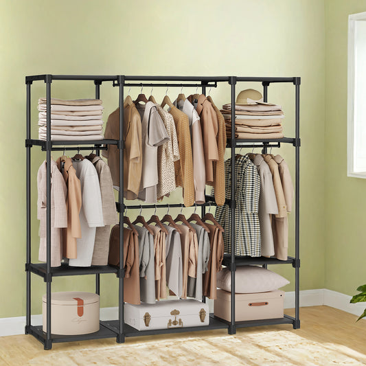 Freestanding Closet Organizer with Shelves & Hanging Rods, Portable Wardrobe for Bedroom/Cloakroom, 4-Tier Storage Rack, Easy Tool-Free Assembly,Black