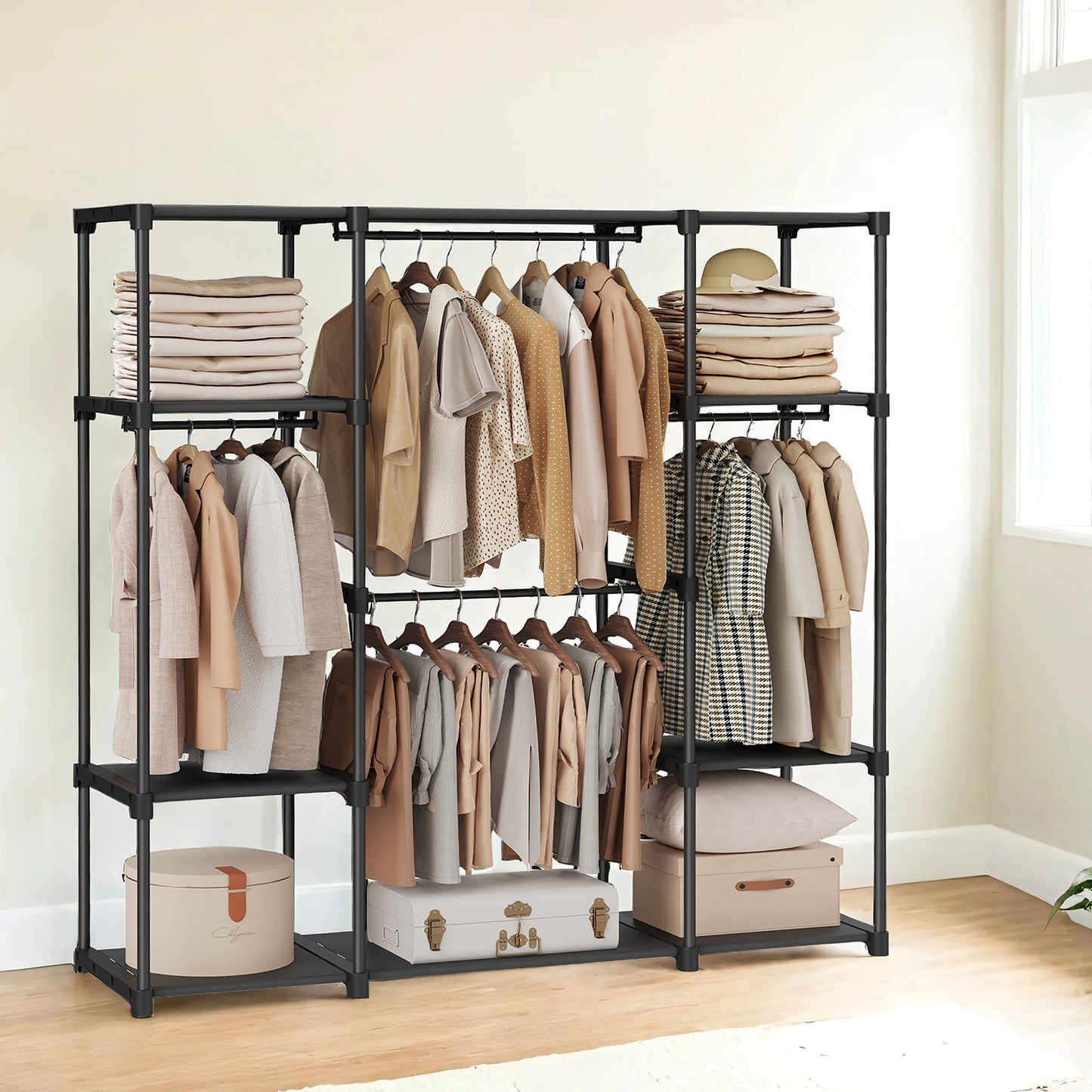 Freestanding Closet Organizer with Shelves & Hanging Rods, Portable Wardrobe for Bedroom/Cloakroom, 4-Tier Storage Rack, Easy Tool-Free Assembly,Black