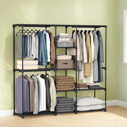 Freestanding Closet Organizer with Shelves & Hanging Rods, Portable Wardrobe for Bedroom/Cloakroom, 4-Tier Storage Rack, Easy Tool-Free Assembly,Black