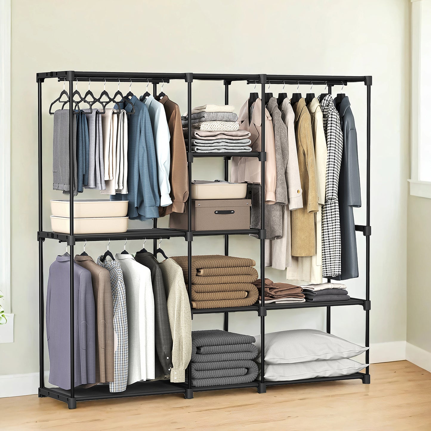 Freestanding Closet Organizer with Shelves & Hanging Rods, Portable Wardrobe for Bedroom/Cloakroom, 4-Tier Storage Rack, Easy Tool-Free Assembly,Black