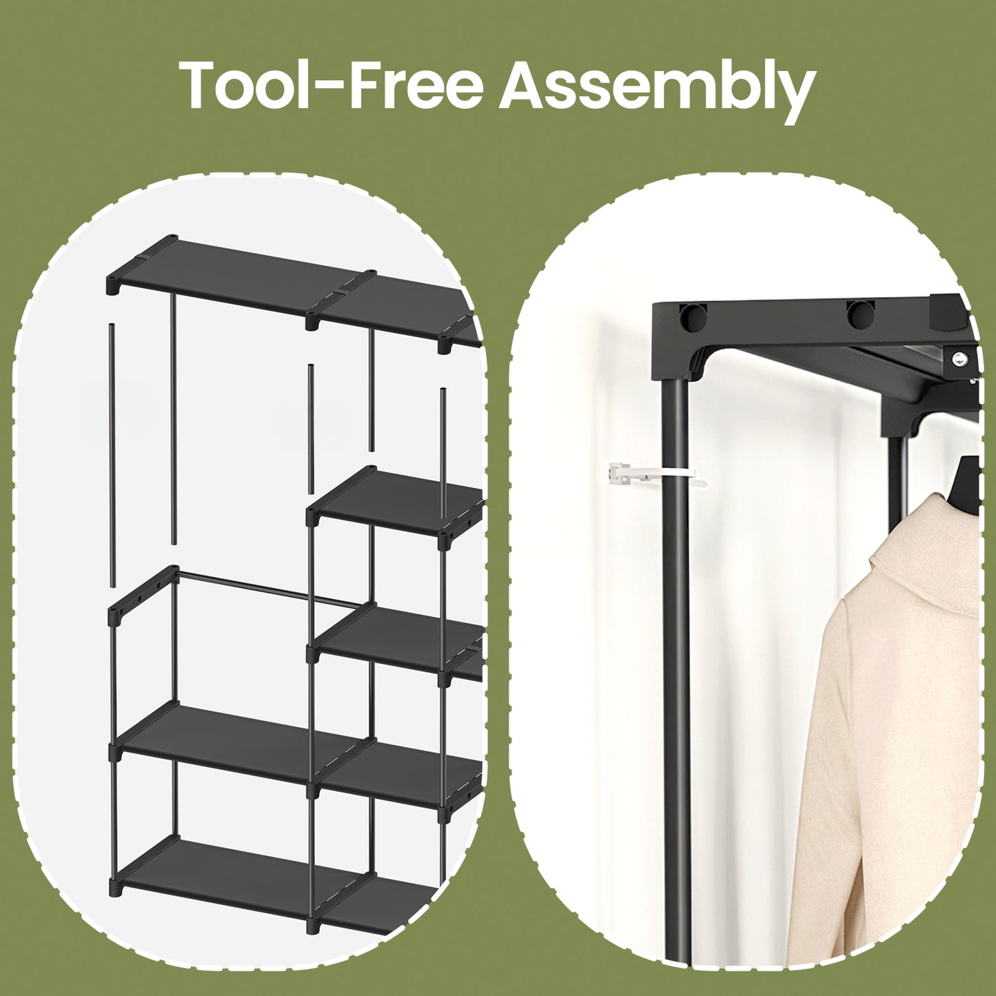 Freestanding Closet Organizer with Shelves & Hanging Rods, Portable Wardrobe for Bedroom/Cloakroom, 4-Tier Storage Rack, Easy Tool-Free Assembly,Black