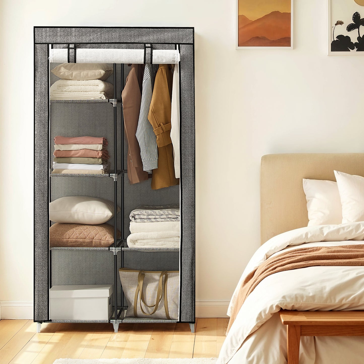 6-Shelf Portable Closet with Hanging Rail, Fabric Wardrobe Storage Organizer with Zippered Cover, Freestanding for Bedroom/Hallway, Easy Assembly, Herringbone,Black