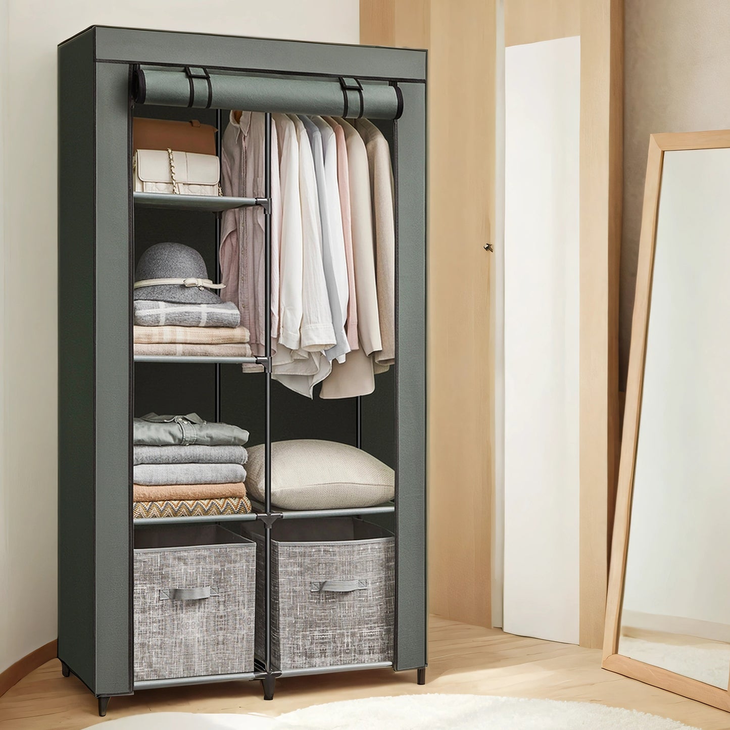Large Capacity Wardrobe Closet Organizer with Hanging Rod & Shelves, Fabric Storage Cabinet with Cover for Bedroom/Living Room, Easy Assembly, Sage Green
