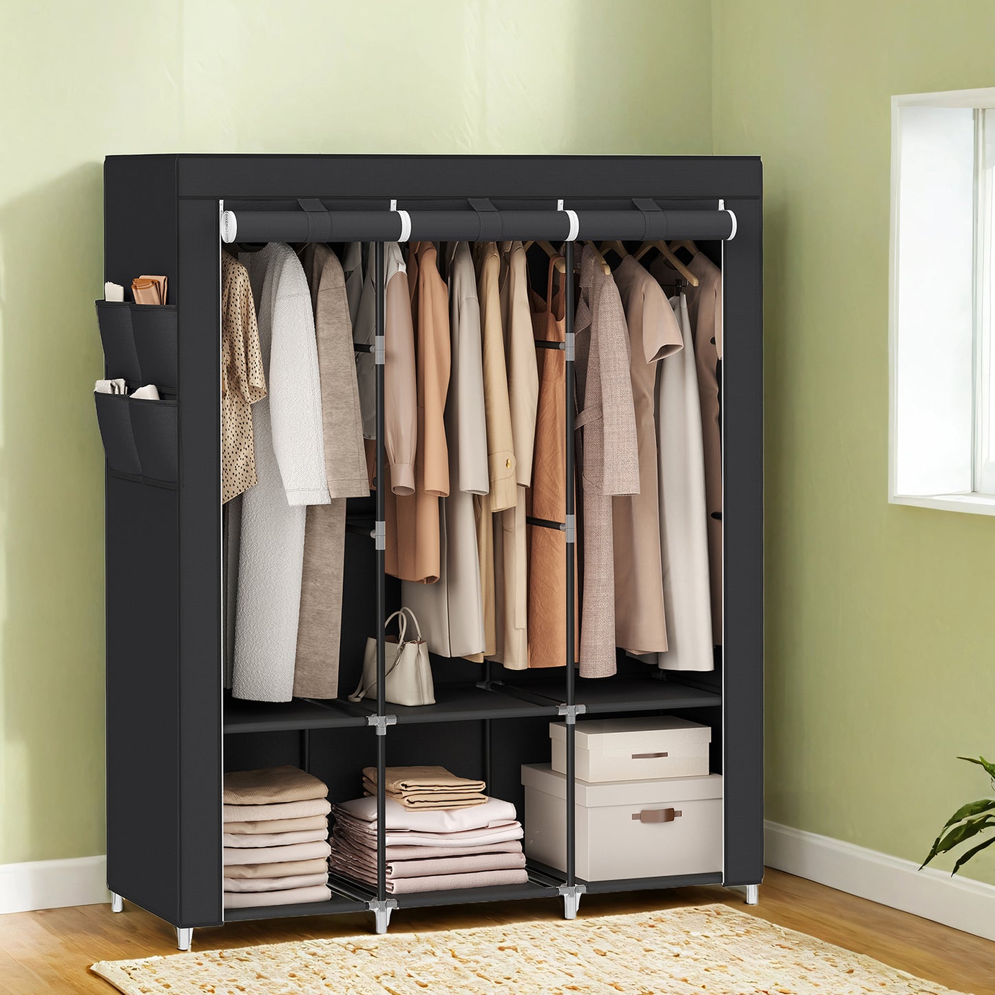 Large Wardrobe Closet Organizer with 3 Hanging Rods & 4 Side Pockets, Fabric Storage with Cover for Bedroom/Living Room, Easy Tool-Free Assembly,Ink Black