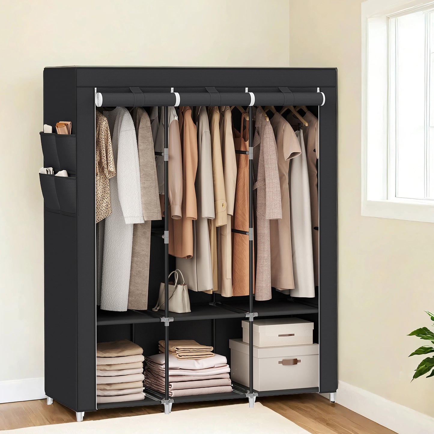 Large Wardrobe Closet Organizer with 3 Hanging Rods & 4 Side Pockets, Fabric Storage with Cover for Bedroom/Living Room, Easy Tool-Free Assembly,Ink Black