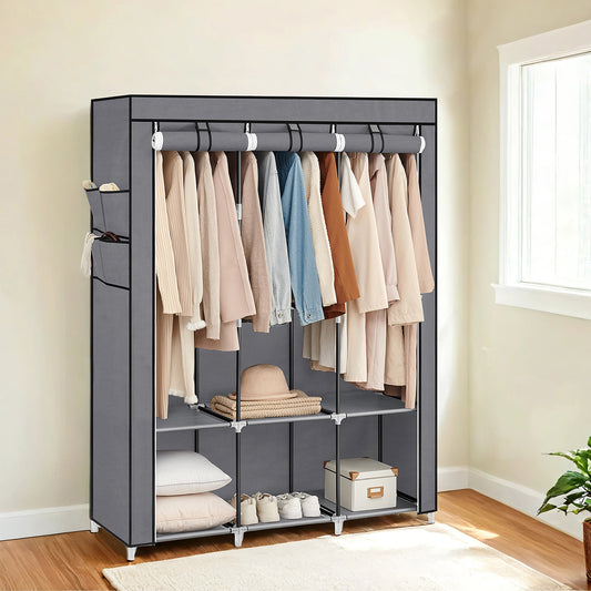 Large Wardrobe Closet Organizer with 3 Hanging Rods & 4 Side Pockets, Fabric Storage with Cover for Bedroom/Living Room, Easy Tool-Free Assembly,Gray