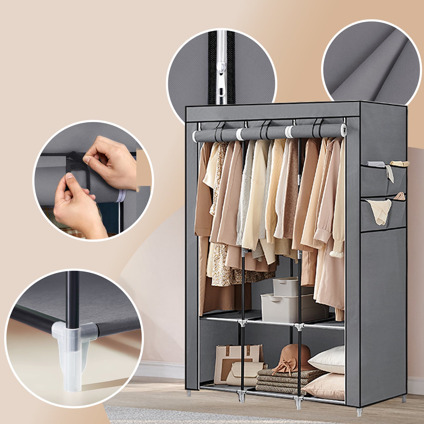 Large Wardrobe Closet Organizer with 3 Hanging Rods & 4 Side Pockets, Fabric Storage with Cover for Bedroom/Living Room, Easy Tool-Free Assembly,Gray