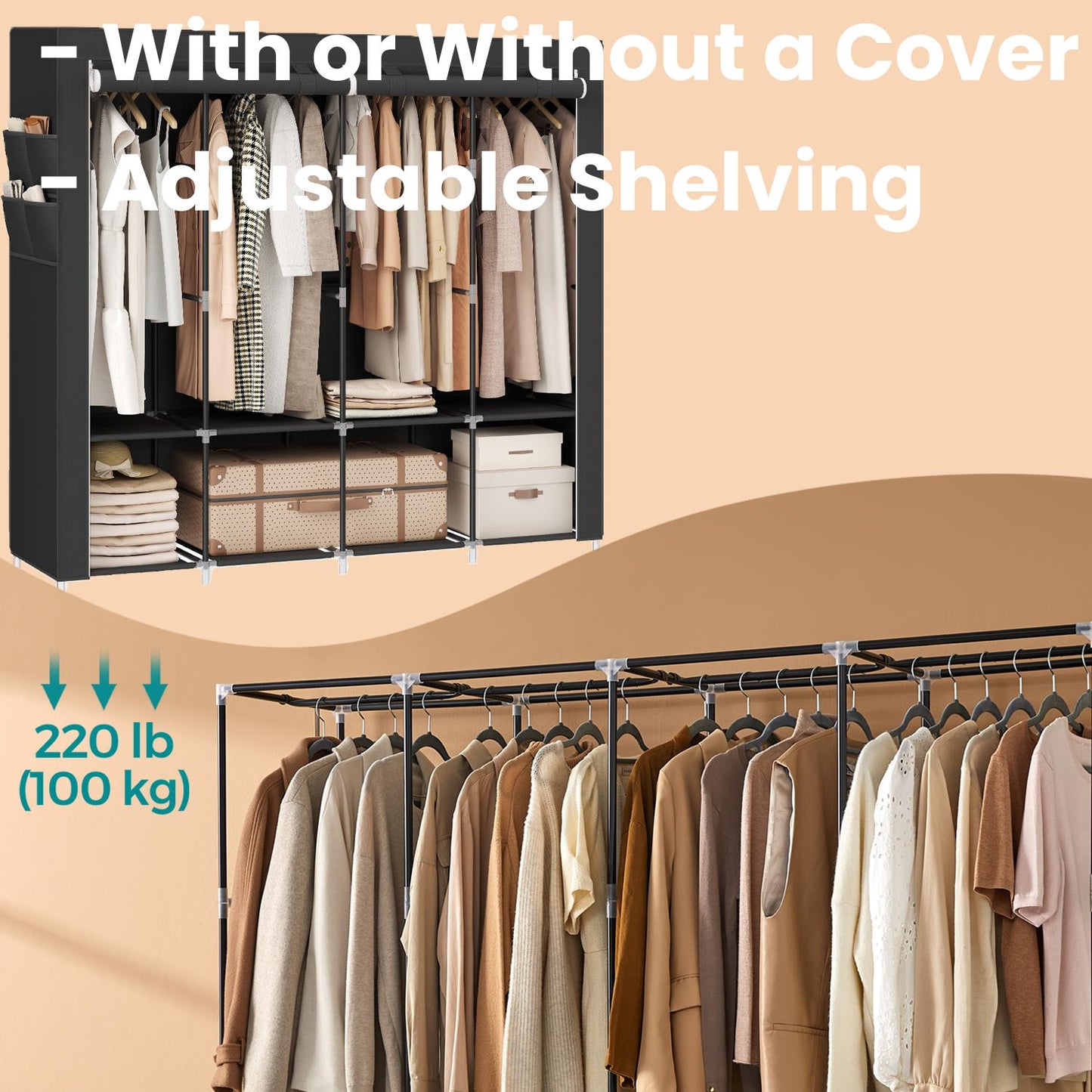 Large Wardrobe Closet with 4 Hanging Rods & 4 Side Pockets, Fabric Storage Organizer for Bedroom/Living Room, Easy Tool-Free Assembly, Ink Black