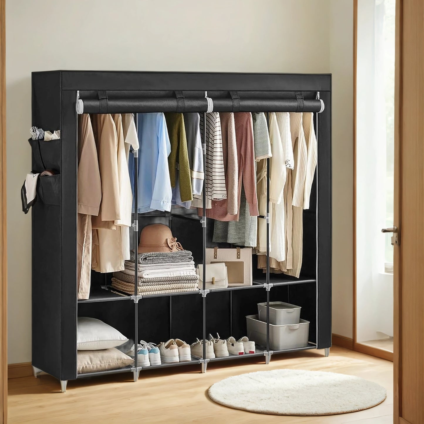 Large Wardrobe Closet with 4 Hanging Rods & 4 Side Pockets, Fabric Storage Organizer for Bedroom/Living Room, Easy Tool-Free Assembly, Ink Black