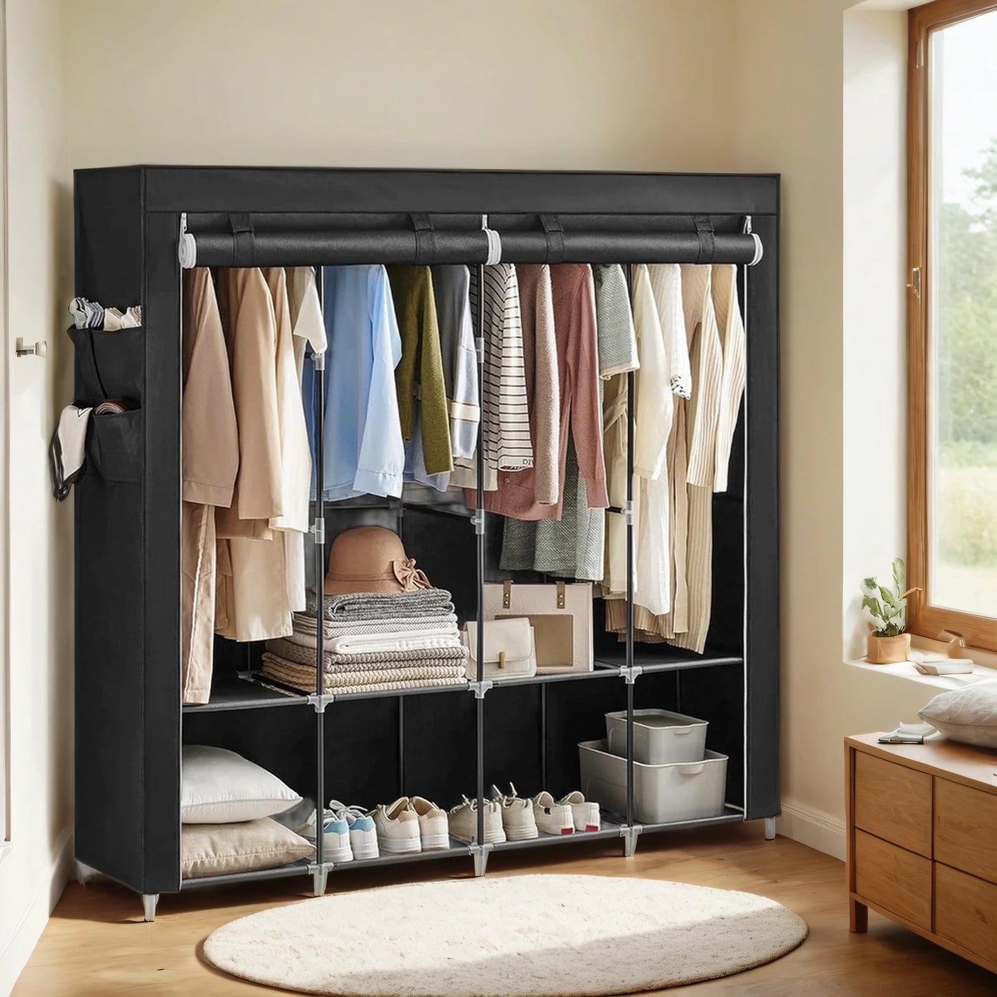 Large Wardrobe Closet with 4 Hanging Rods & 4 Side Pockets, Fabric Storage Organizer for Bedroom/Living Room, Easy Tool-Free Assembly, Ink Black