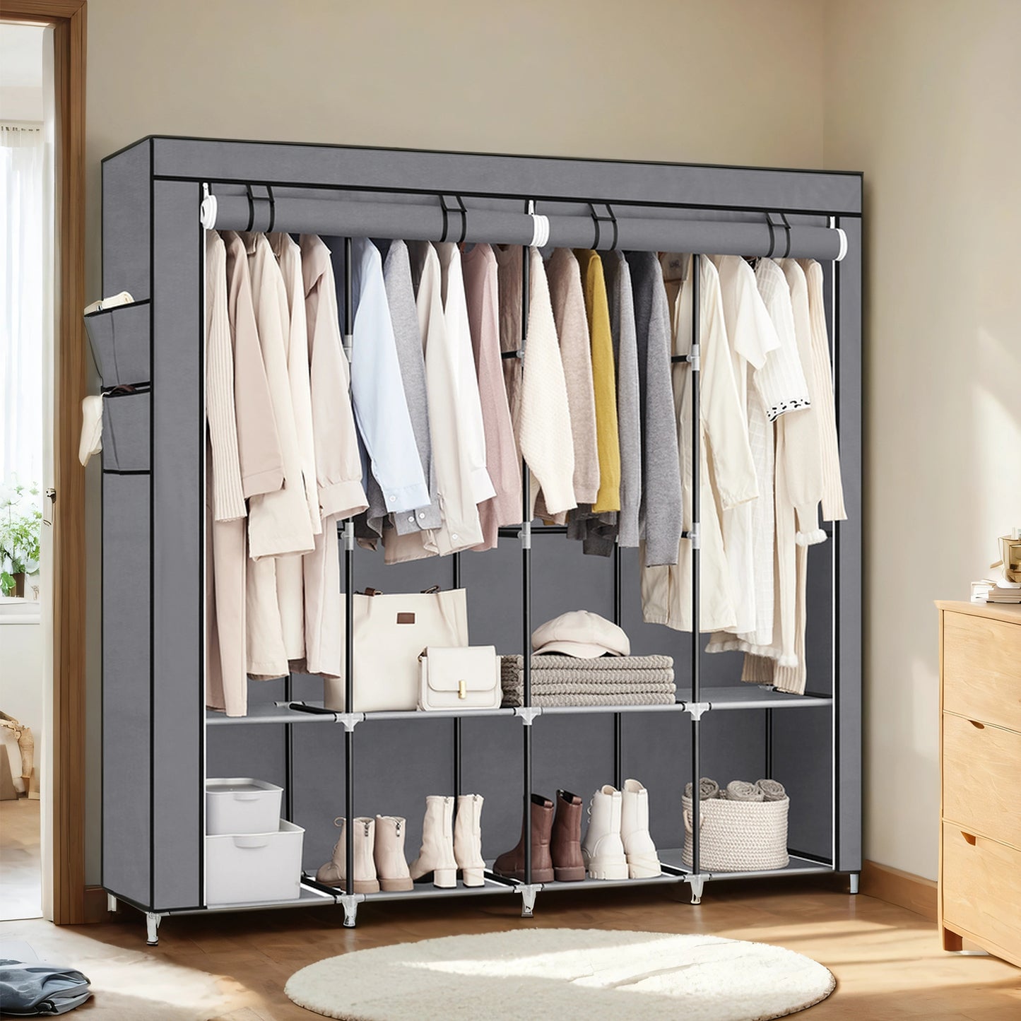 Large Wardrobe Closet with 4 Hanging Rods & 4 Side Pockets, Fabric Storage Organizer for Bedroom/Living Room, Easy Tool-Free Assembly,Gray