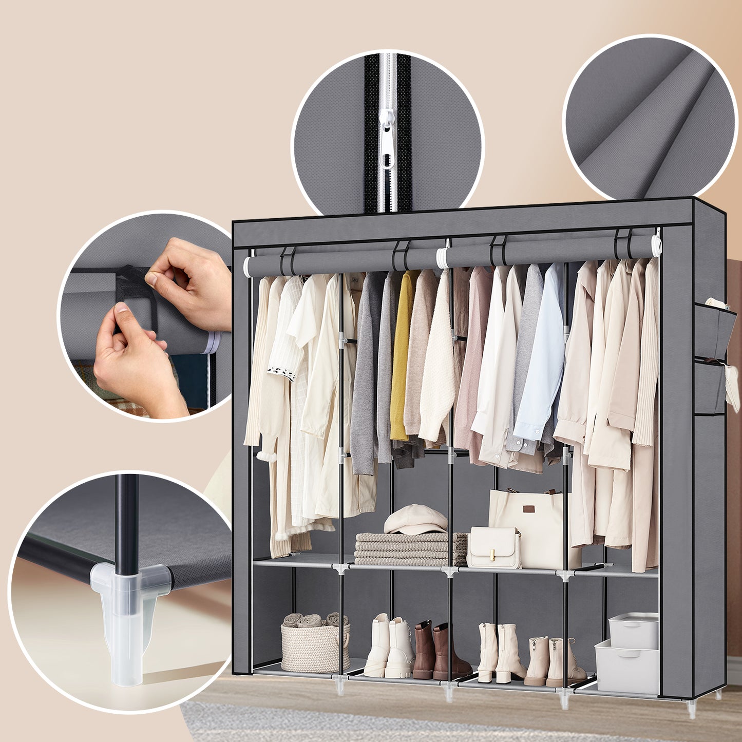 Large Wardrobe Closet with 4 Hanging Rods & 4 Side Pockets, Fabric Storage Organizer for Bedroom/Living Room, Easy Tool-Free Assembly,Gray