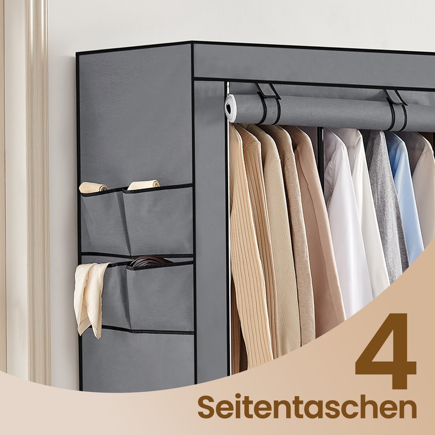 Large Wardrobe Closet with 4 Hanging Rods & 4 Side Pockets, Fabric Storage Organizer for Bedroom/Living Room, Easy Tool-Free Assembly,Gray